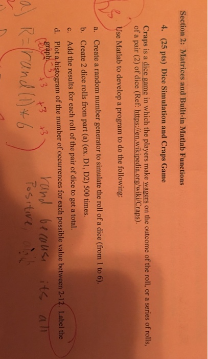  Using matlab Section 2: Matrices and Built-in Matlab Functions 4. (25