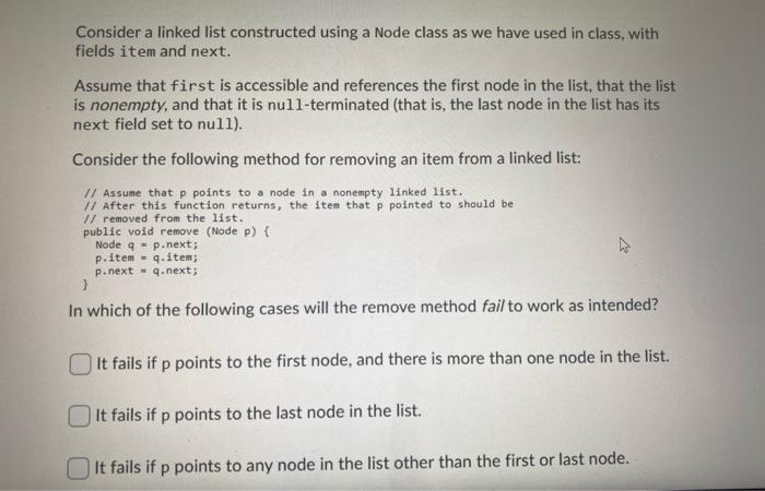  Consider a linked list constructed using a Node class as we