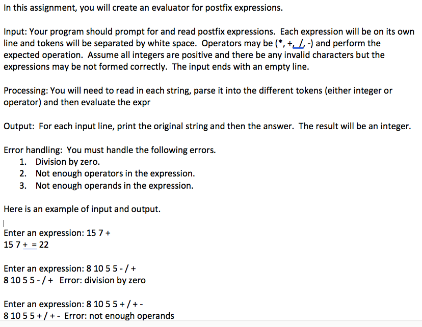 Java: Help with postfix assignment! Assign 5: In this assignment, you will