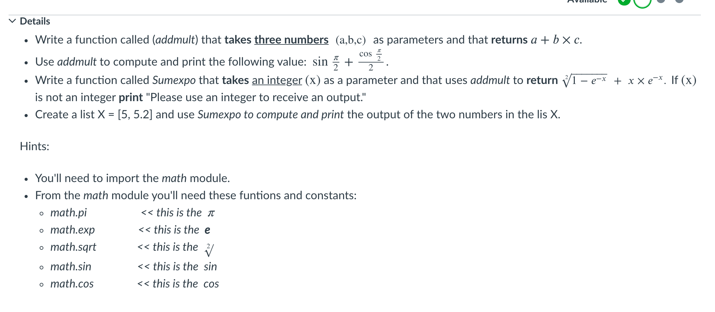 write it in python v Details T COS 2 Write a function