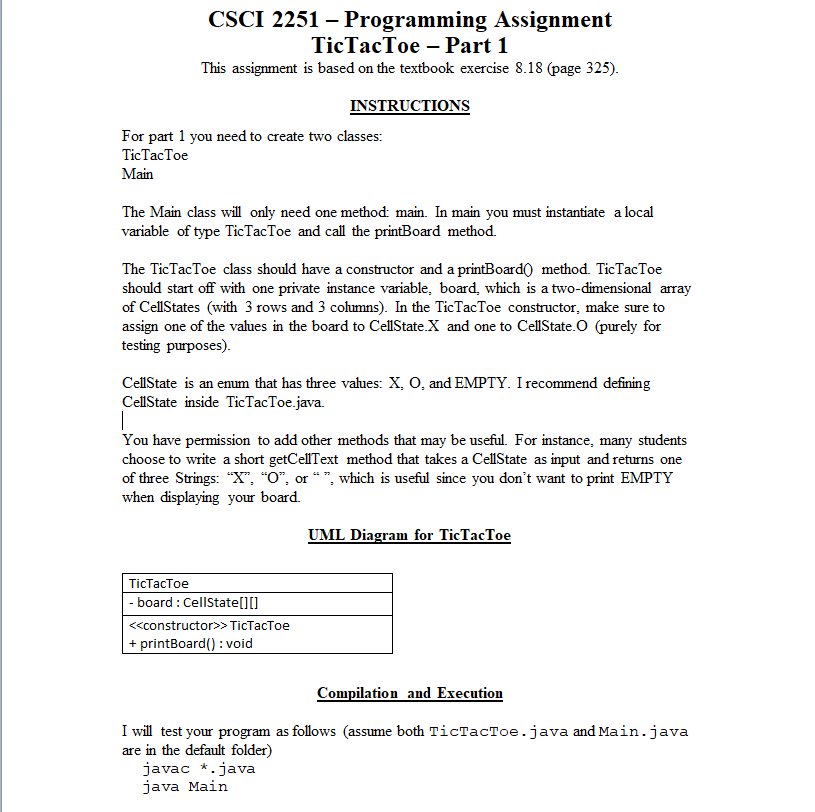 Java please CSCI 2251 - Programming Assignment TicTacToe - Part 1 This