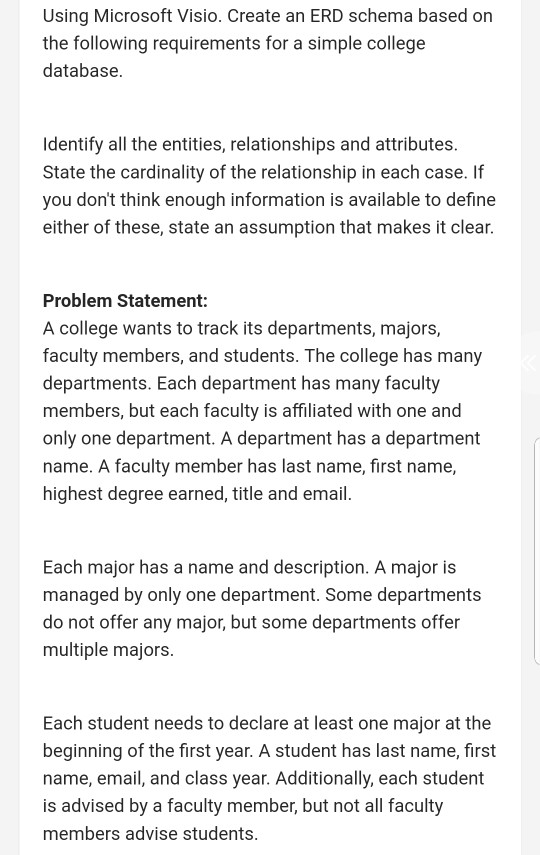  Using Microsoft Visio. Create an ERD schema based on the following