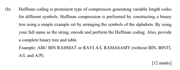  (b) Huffman coding is prominent type of compression generating variable length