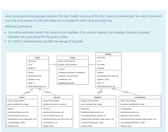 pls write in Java Using Java programming language, implement the class Student