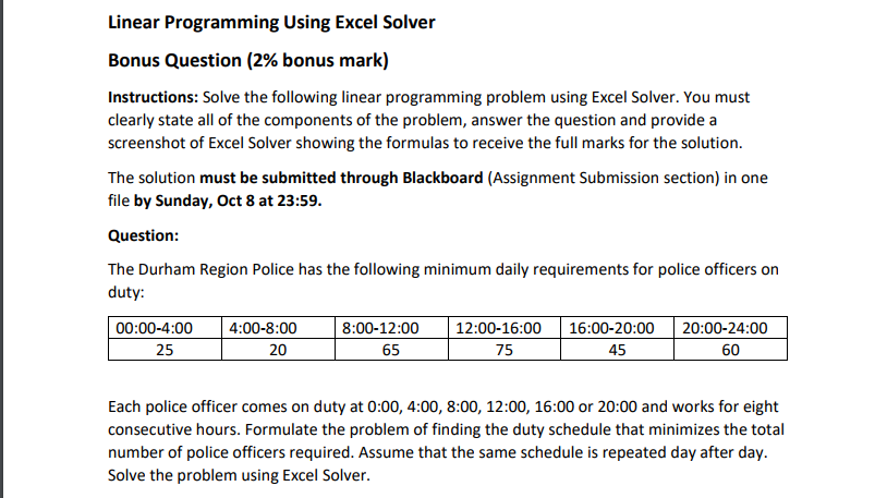  Linear Programming Using Excel Solver Bonus Question (2% bonus mark) Instructions: