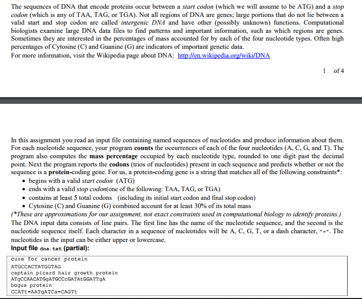 file named DNA.java. You will also need the two input files dna.txt