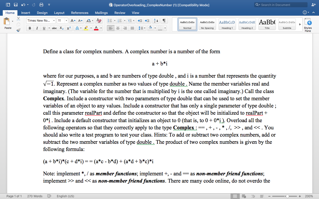  w OperatorOverloading_ComplexNumber (1) [Compatibility Mode] Q Search in Document Home Insert