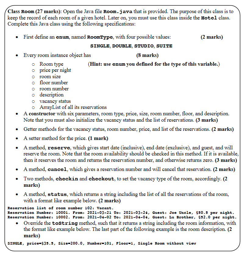 Class Room (27 marks): Open the Java file Room.java that is