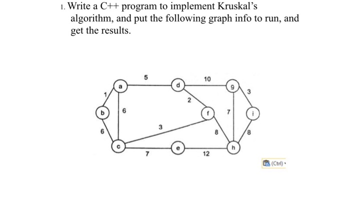  1. Write a C++ program to implement Kruskal's algorithm, and put