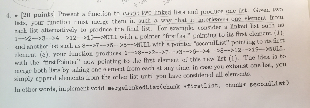 Present a function to merge two linked lists and produce one