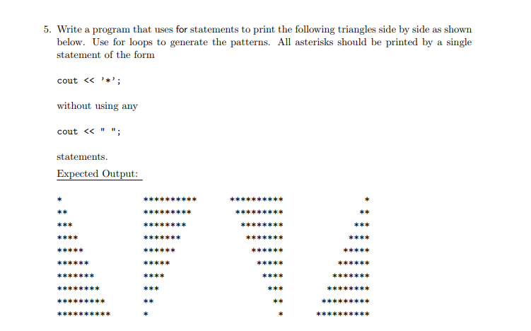 C++ program, please use SetW for spacing between asterisks to generate all