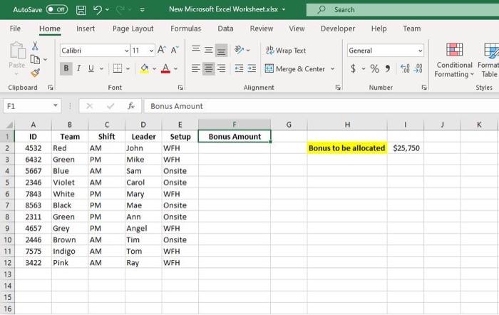 This is a Microsoft Excel sheet. There are different teams and I