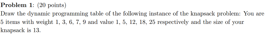  Problem 1: (20 points) Draw the dynamic programming table of the