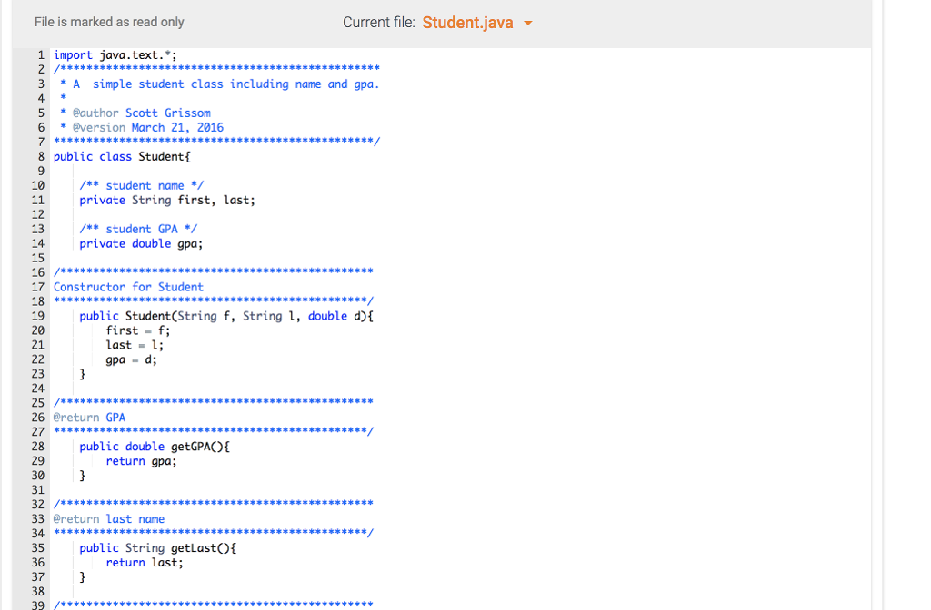 and a class called Course that contains an ArrayList of Student. Write