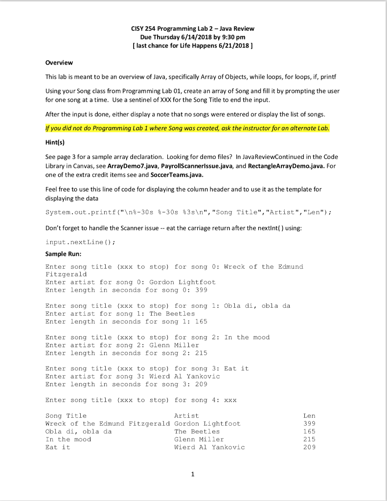 CISY 254 Programming La b 2 -Java Review Due Thursday 6/14/2018