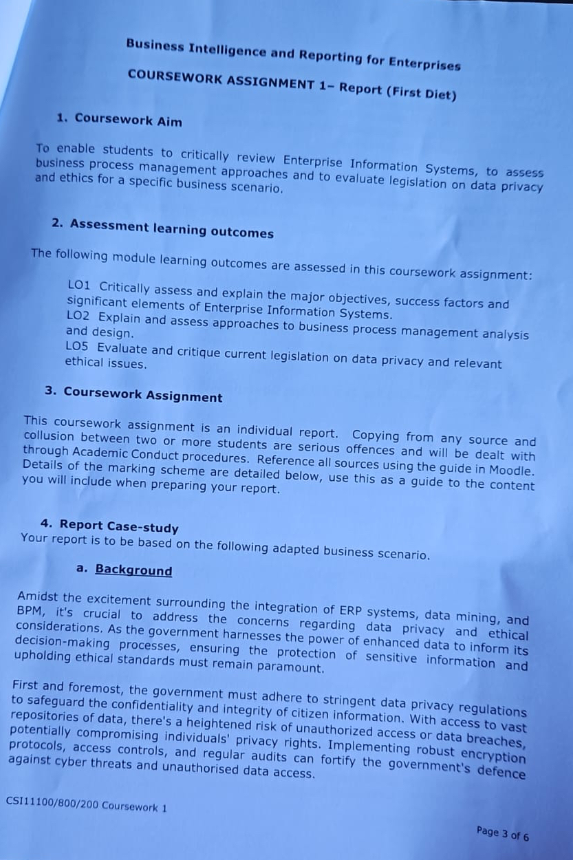  Business Intelligence and Reporting for Enterprises COURSEWORK ASSIGNMENT 1- Report (First