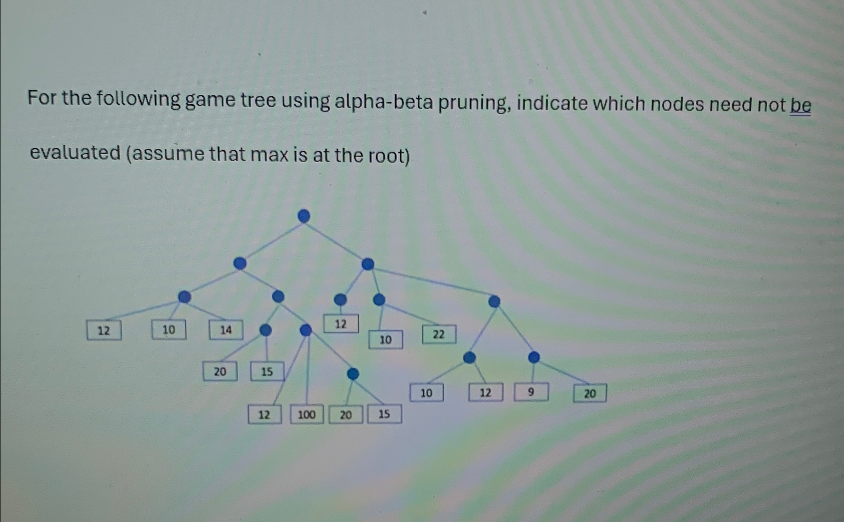  For the following game tree using alpha-beta pruning, indicate which nodes