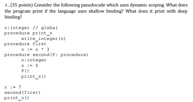  Consider the following pseudocode which uses dynamic scoping. What does the