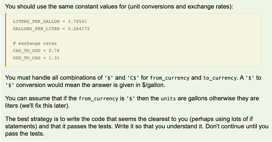 code for the following function: def unit_converter (units, total_cost, from_currency, to_currency): The