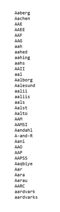 screenshots below of some words in the text file included . Make