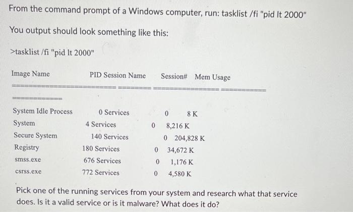  From the command prompt of a Windows computer, run: tasklist /