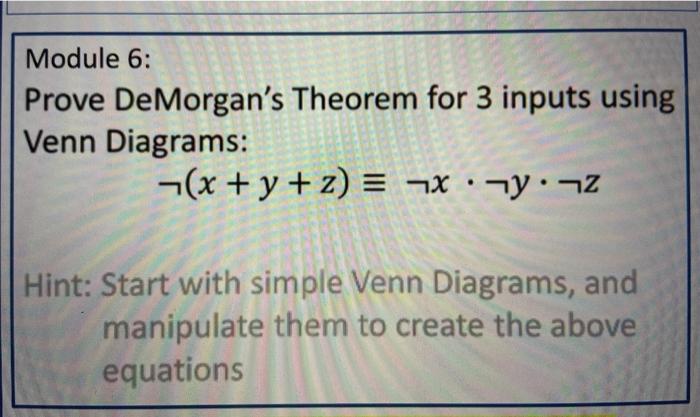  Module 6: Prove De Morgan's Theorem for 3 inputs using Venn