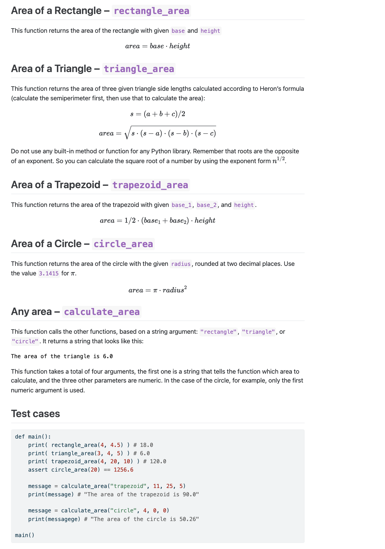  Area of a Rectangle - rectangle_area\ This function returns the area