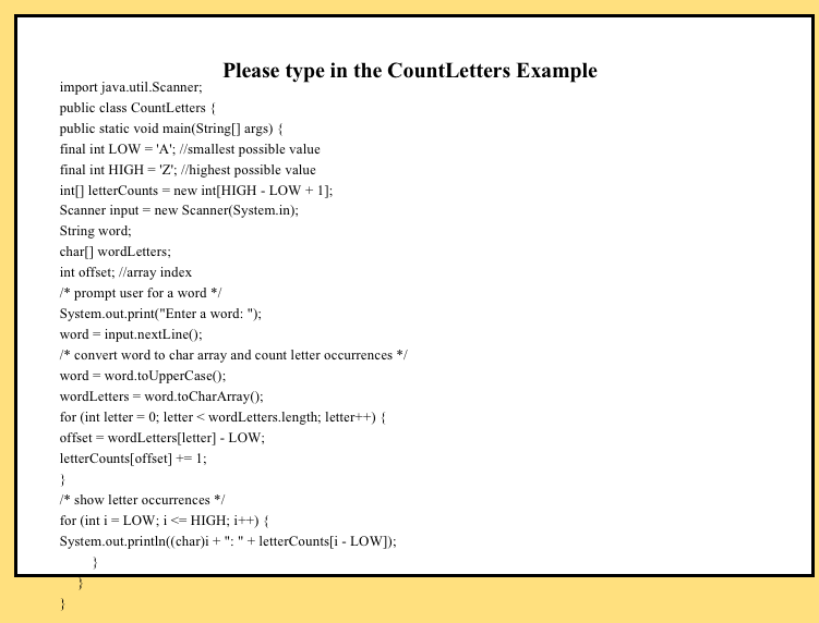 Java please 1. Review: CountLetters (group) The CountLetters application is limited