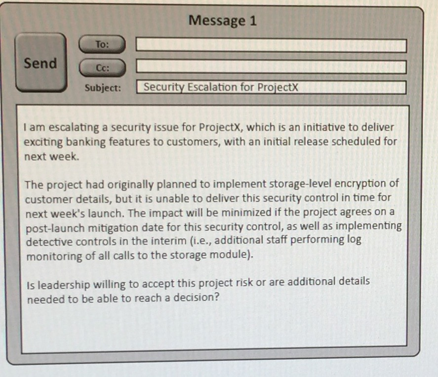 the exhibit buttons to view the four messages A security architect is