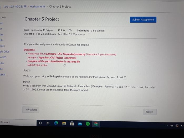  CPT-135-40-21/SP Assignments Chapter 5 Project 1 Spit Chapter 5 Project Submit