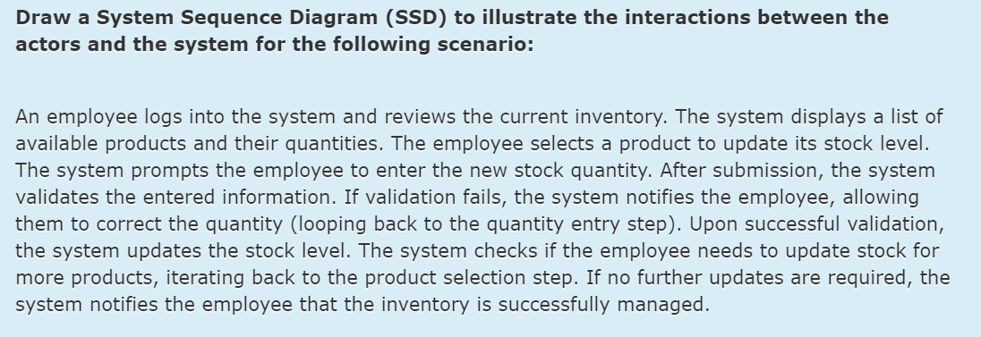  Draw a System Sequence Diagram (SSD) to illustrate the interactions between