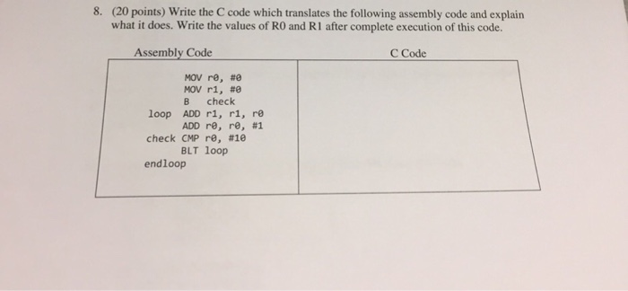  8. (20 points) Write the C code which translates the following