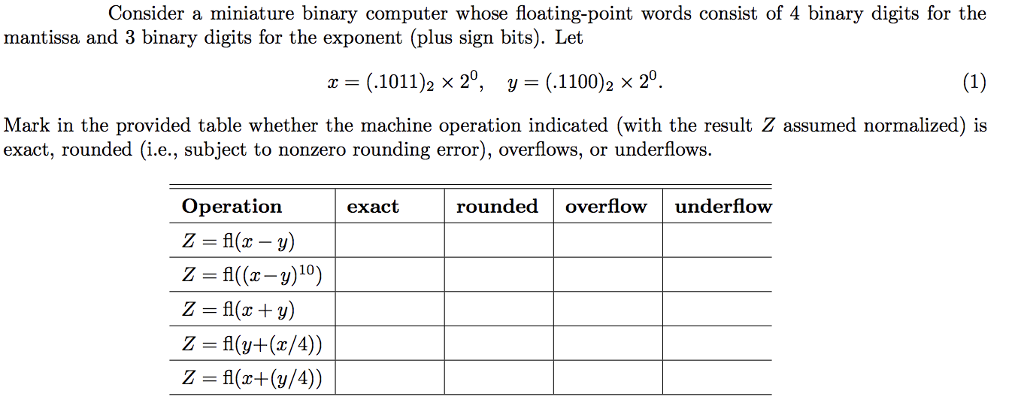  Consider a miniature binary computer whose floating-point words consist of 4