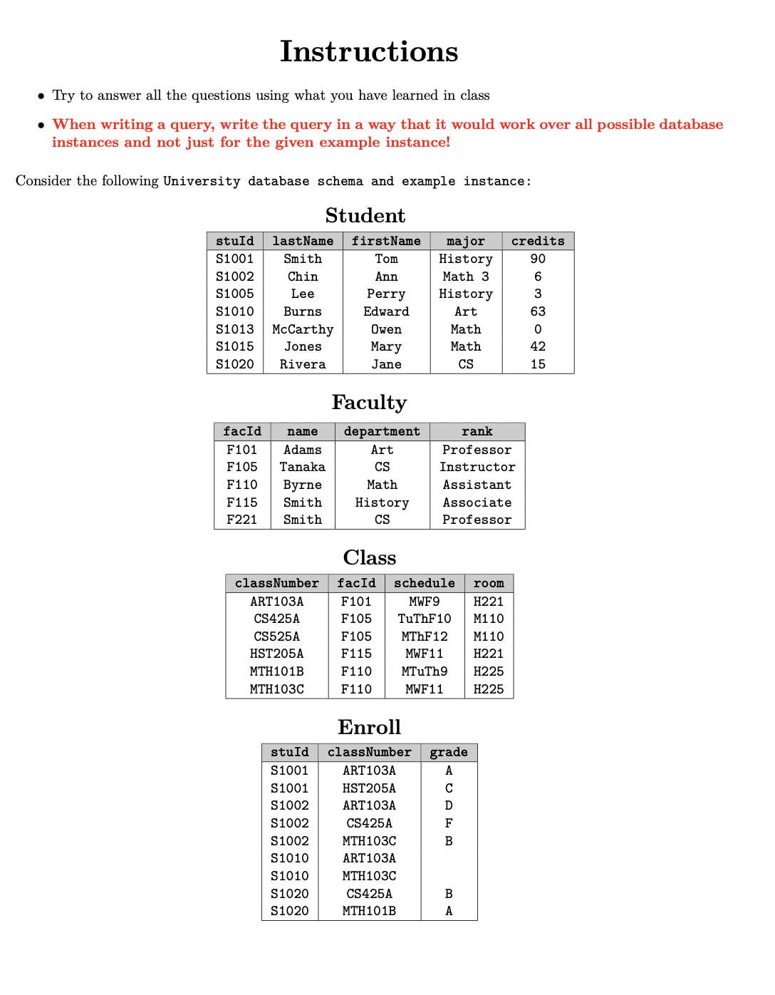 Instructions Try to answer all the questions using what you have
