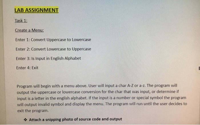  c++ please LAB ASSIGNMENT Task 1: Enter 1: Convert Uppercase to