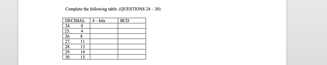 Complete the following table: (QUESTIONS 24 - 30) 4-bits BCD DECIMAL