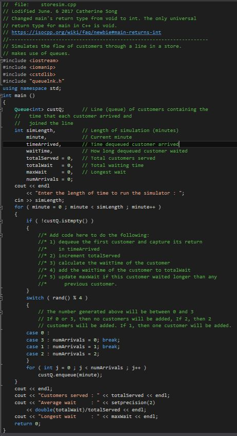 Program in c++. See commented section of code. implement the enqueue function