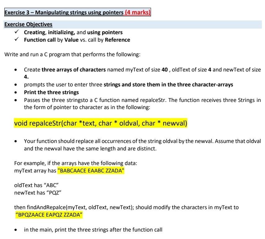  in c code please ..thank you Exercise 3 - Manipulating strings