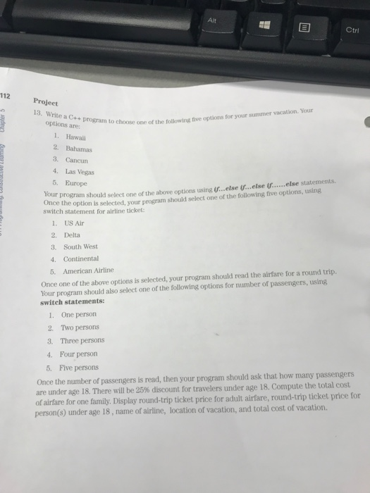  Ait Ctrl 112 Project 13. Write a C+program to choose options