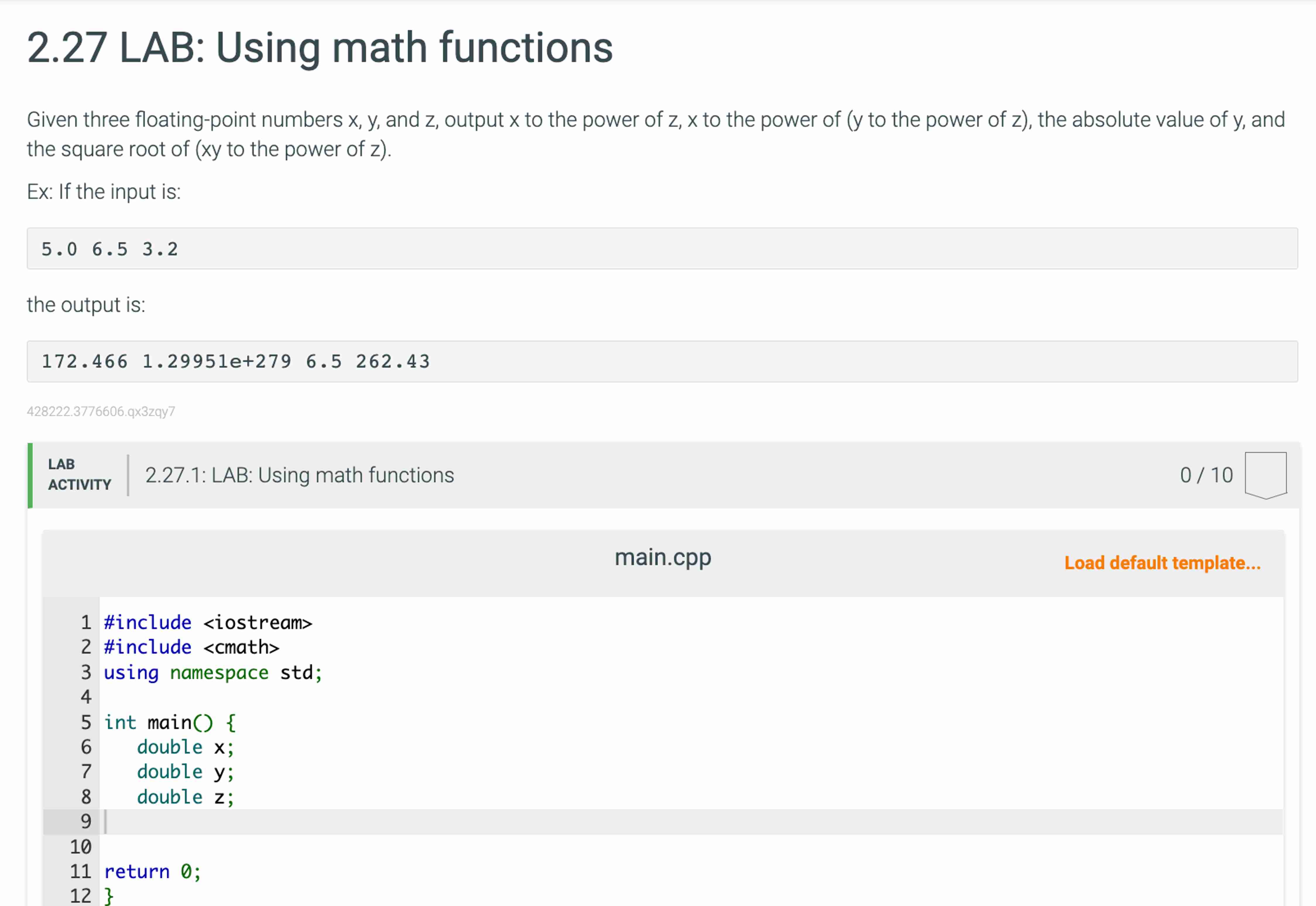  2.27 LAB: Using math functions Given three floating-point numbers x,y, and