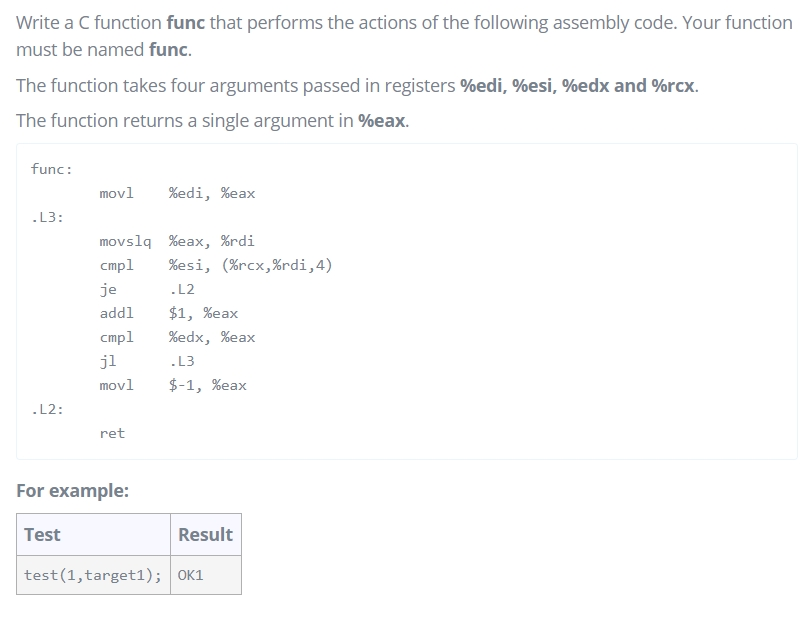 Write a C function func that performs the actions of the