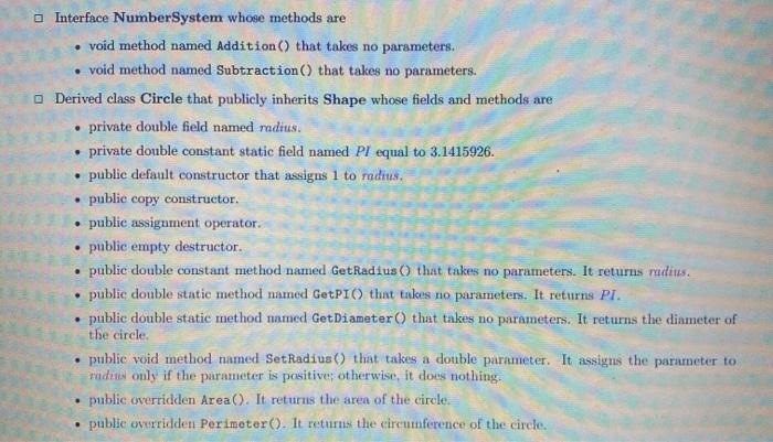 c++ (header file) . Interface NumberSystem whose methods are void method named
