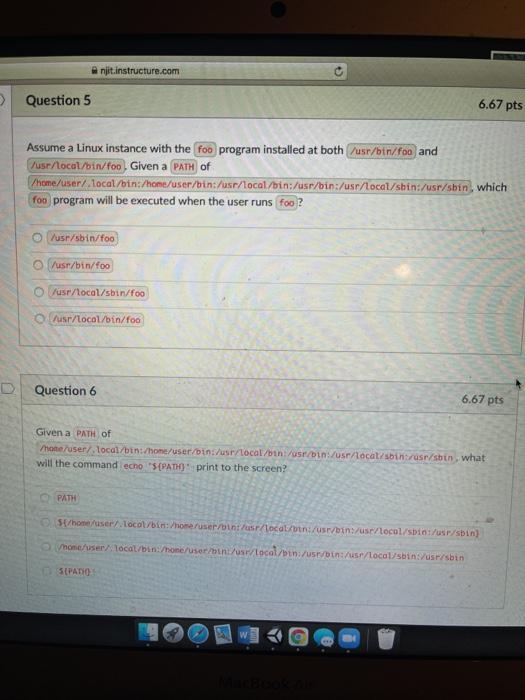  njit instructure.com > Question 5 6.67 pts Assume a Linux instance