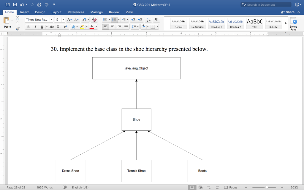 Implement the base class in the shoe hierarchy presented below