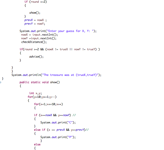 the treasure is not at the guessed location, the program informs the