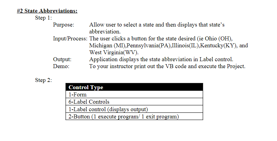  This is to be done in Visual basic. #2 State Abbreviations: