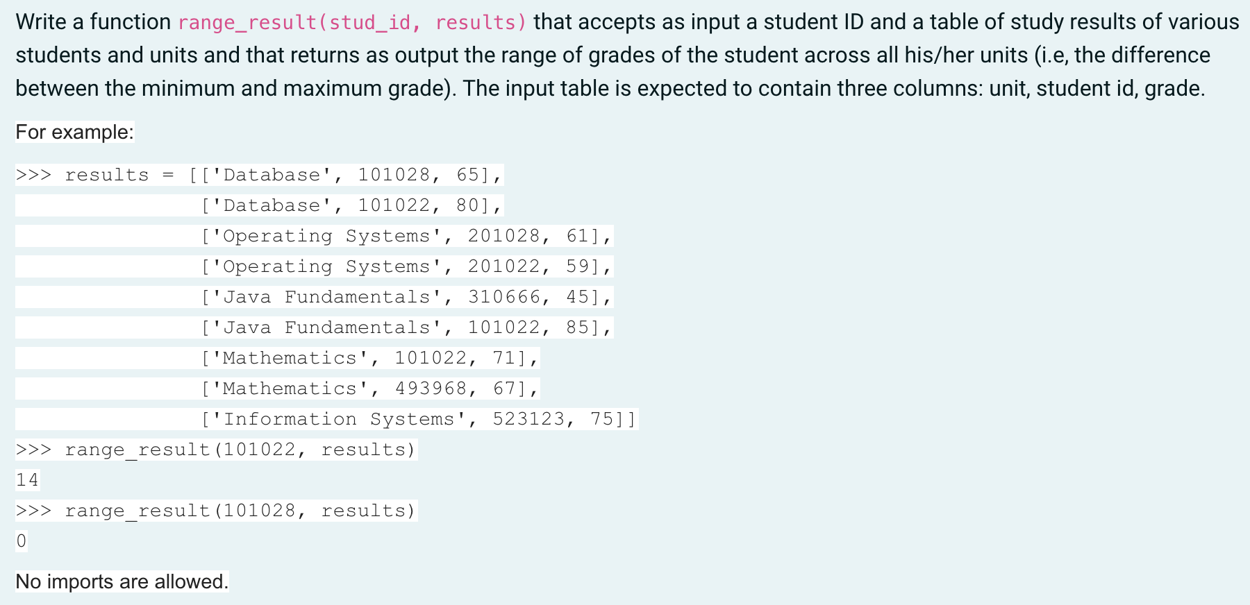 in python pls Write a function range_result(stud_id, results) that accepts as input