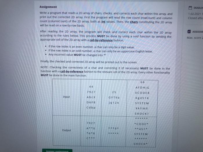 2D array of chars, checks, and corrects each char within this array,