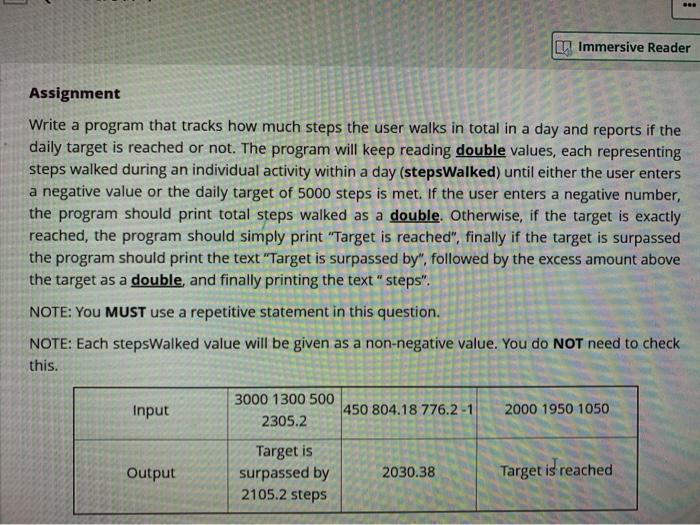  Immersive Reader Assignment Write a program that tracks how much steps
