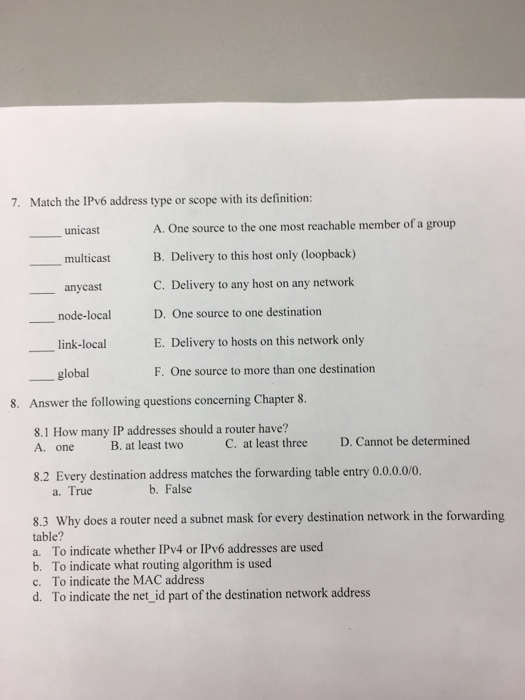  7. Match the IPv6 address type or scope with its definition: